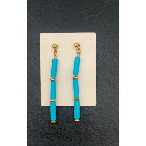 Vintage Avon Turquoise Blue Tube Bead Earrings W Gold Tone Spacer Dangle Pierced - Picture 1 of 4